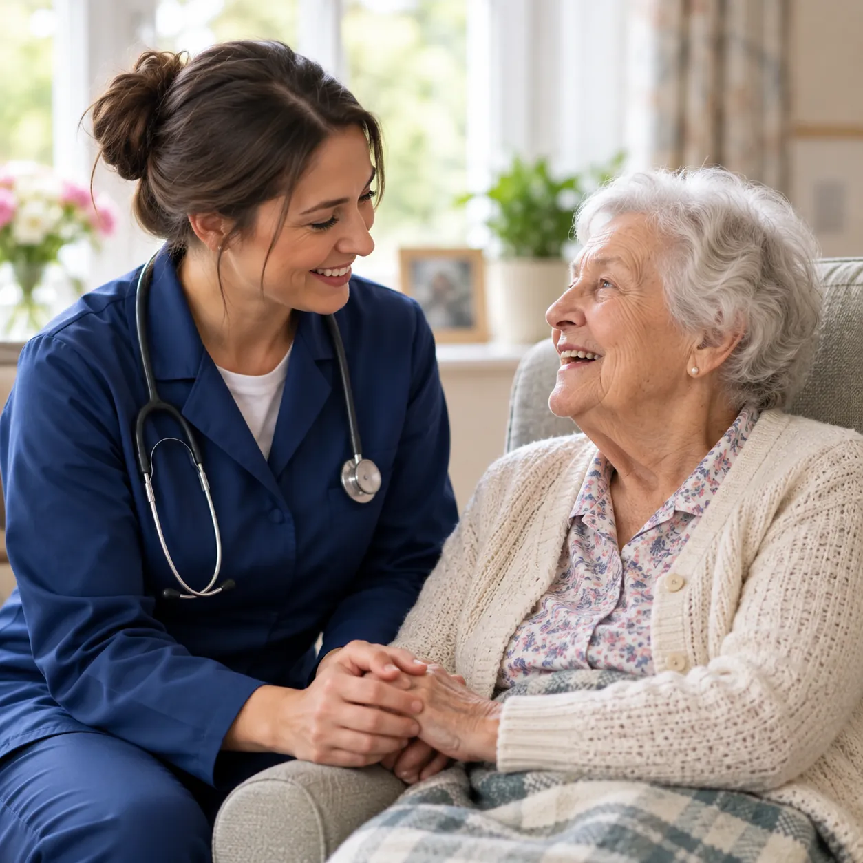 A caregiver holding hands and sharing a warm smile with an elderly woman in a bright, sunlit living room